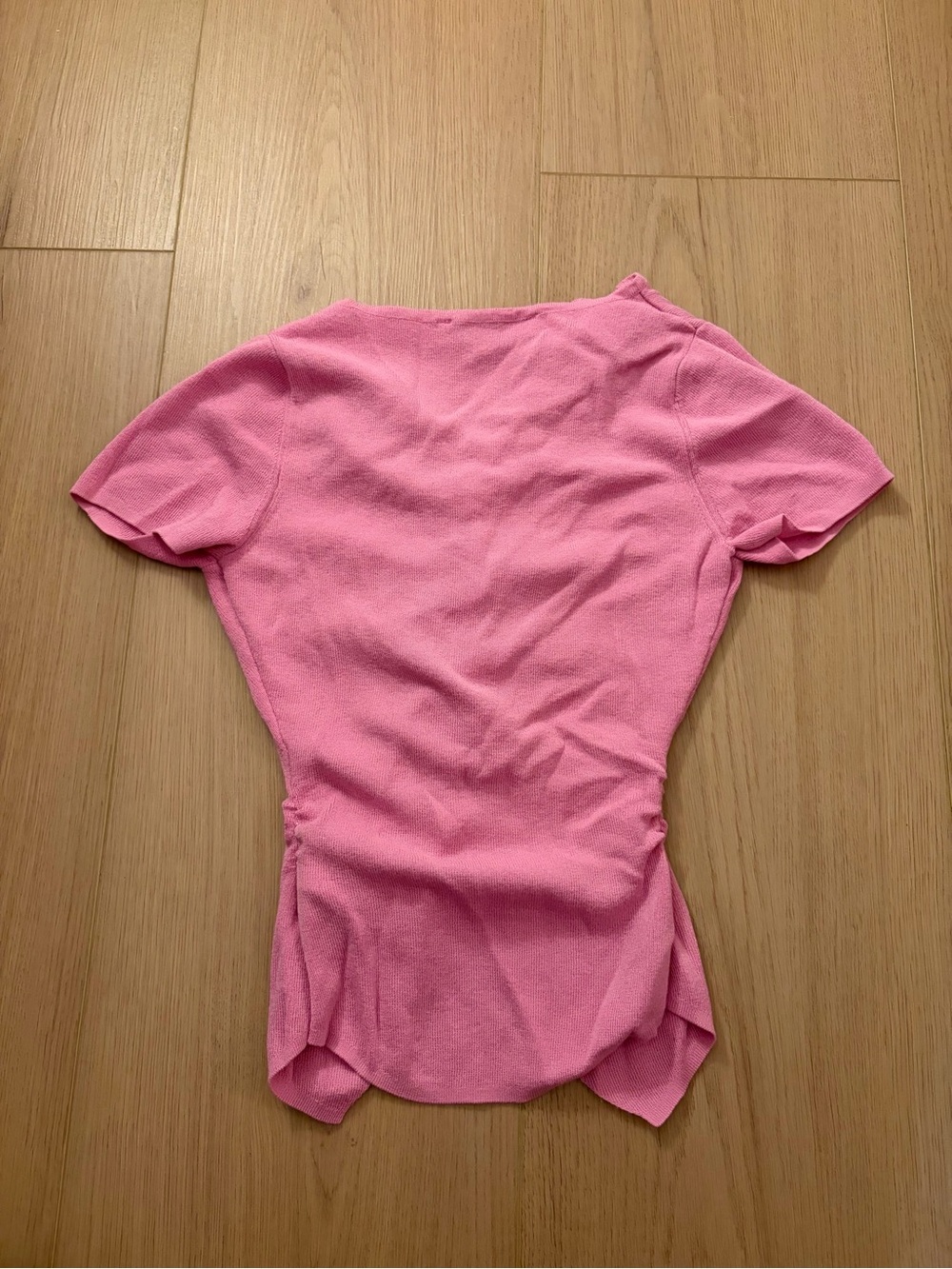 Pink Short Sleeve Ruffle Button Knit Top - Picture 3 of 4